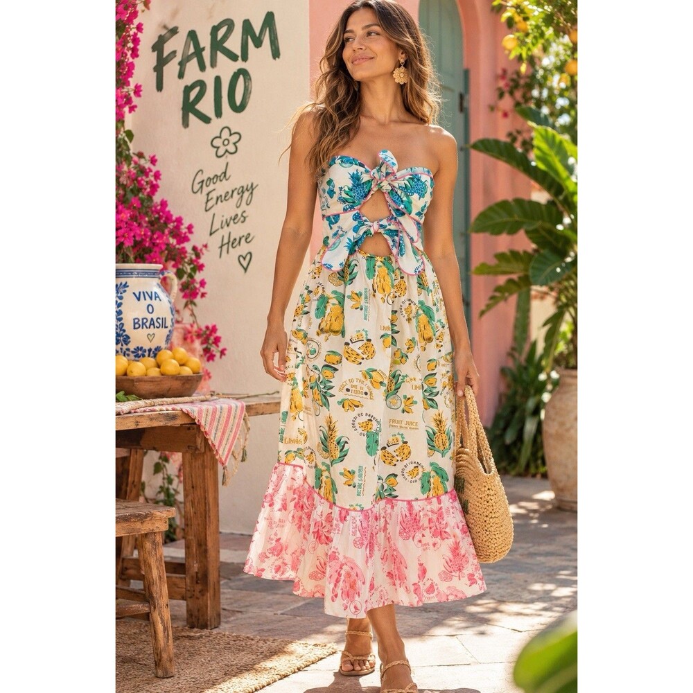 Farm Rio Anthropologie Tiered, Pineapple Dress medium New With Tags Cut out bow